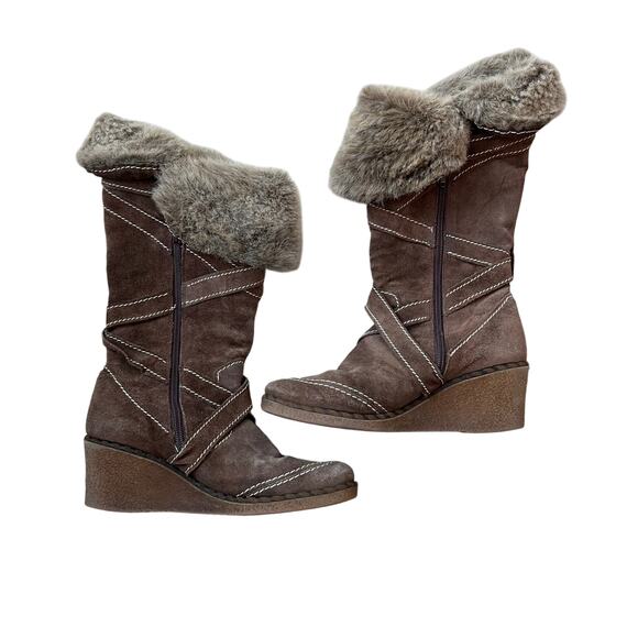 Don Diego Suede Faux Fur Buckle Wedge Snow Winter Boots size 8.5 / 39 Tan - Picture 2 of 14